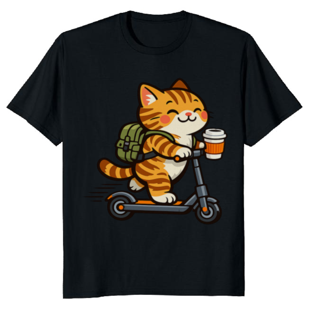 Happy Tabby Commuter Scooter Cat T-Shirt Cozy Morning Coffee Design Cute Gifts for Men Women Boy Kids T-Shirt