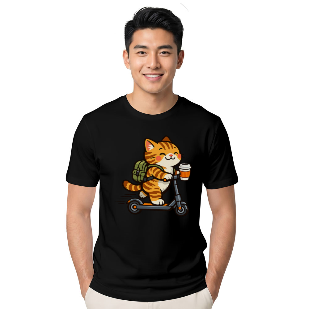 Happy Tabby Commuter Scooter Cat T-Shirt Cozy Morning Coffee Design Cute Gifts for Men Women Boy Kids T-Shirt