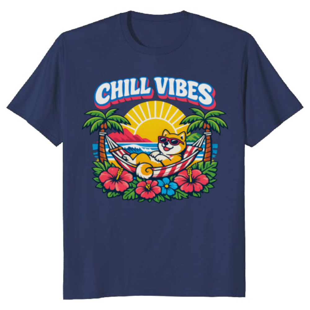 Shiba Shores 80s Retro Surf Hammock Shiba Inu Graphic Tee Retro Gifts for Men Women Boy Kids T-Shirt