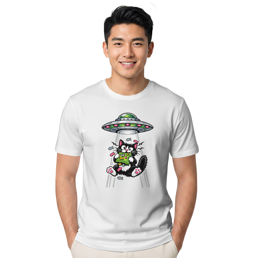 Snack Interrupted Tuxedo Cat Abducted by UFO Graphic Funny Gifts for Men Women Boy Kids T-Shirt