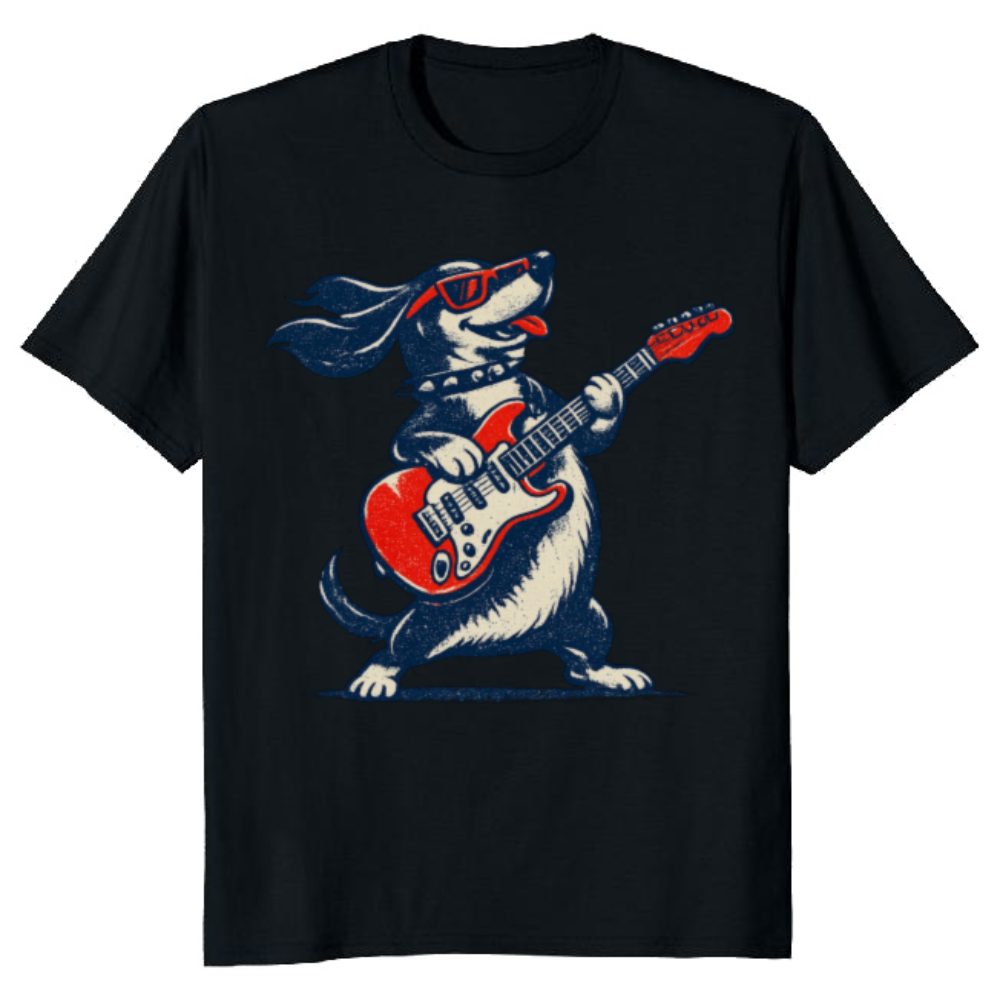 Rock 'n' Roll Dachshund T-Shirt Silkscreen Guitar Dog Retro Music Tee Vintage Gifts for Men Women Boy Kids T-Shirt