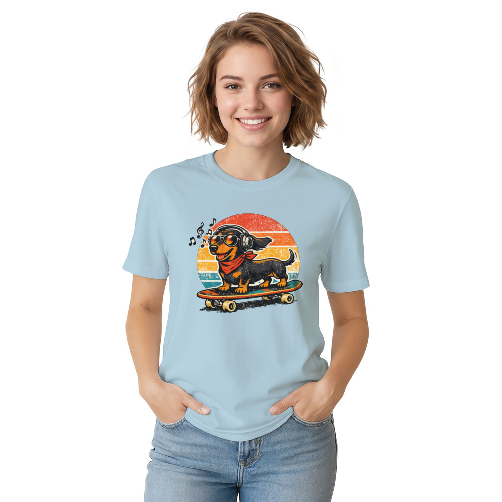 Retro Dachshund Skateboard Sunset Graphic Tee Cute Gifts for Men Women Boy Kids T-Shirt