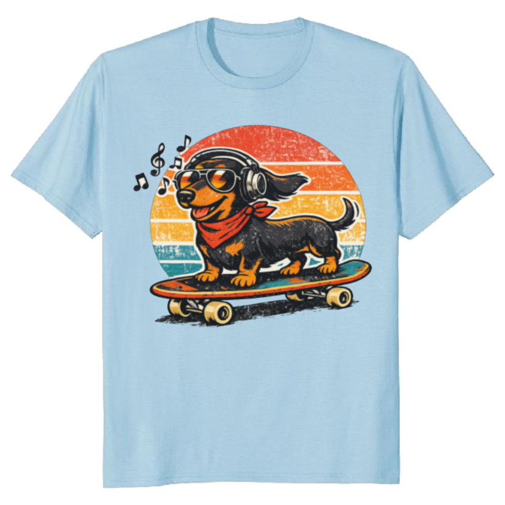 Retro Dachshund Skateboard Sunset Graphic Tee Cute Gifts for Men Women Boy Kids T-Shirt