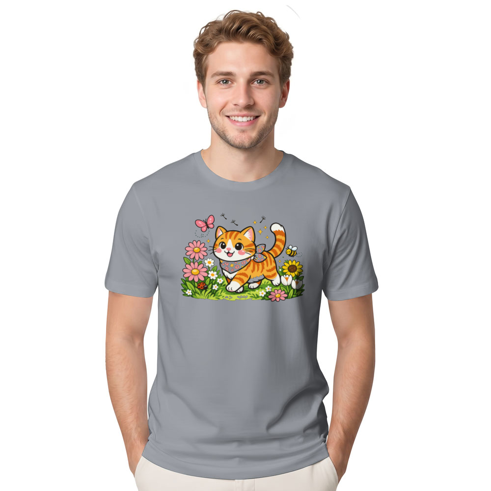 Whimsical Tabby Cat Spring Meadow Graphic Tee Cute Gifts for Men Women Girl Kids T-Shirt