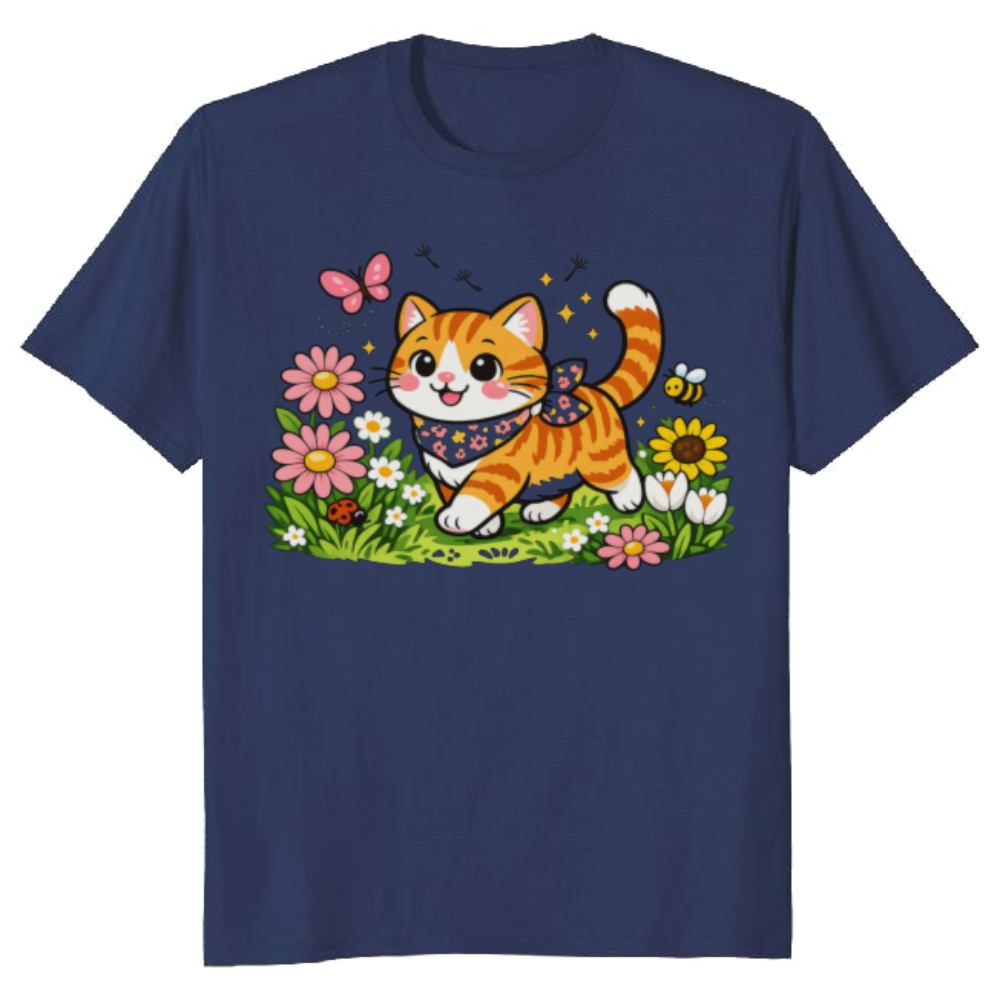 Whimsical Tabby Cat Spring Meadow Graphic Tee Cute Gifts for Men Women Girl Kids T-Shirt