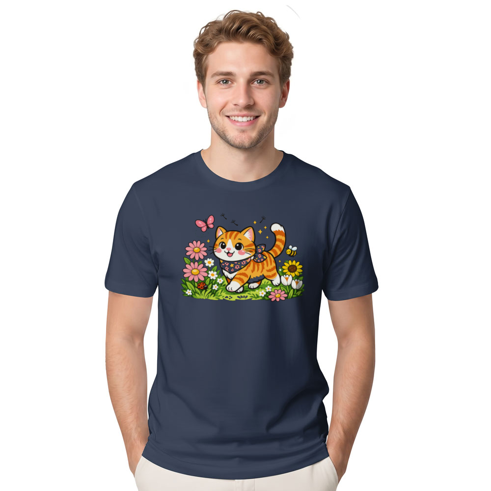 Whimsical Tabby Cat Spring Meadow Graphic Tee Cute Gifts for Men Women Girl Kids T-Shirt