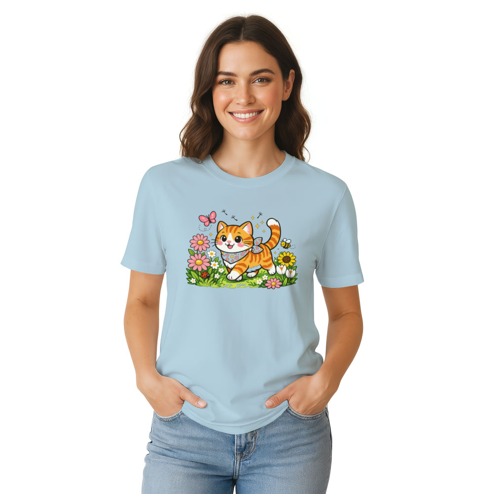 Whimsical Tabby Cat Spring Meadow Graphic Tee Cute Gifts for Men Women Girl Kids T-Shirt