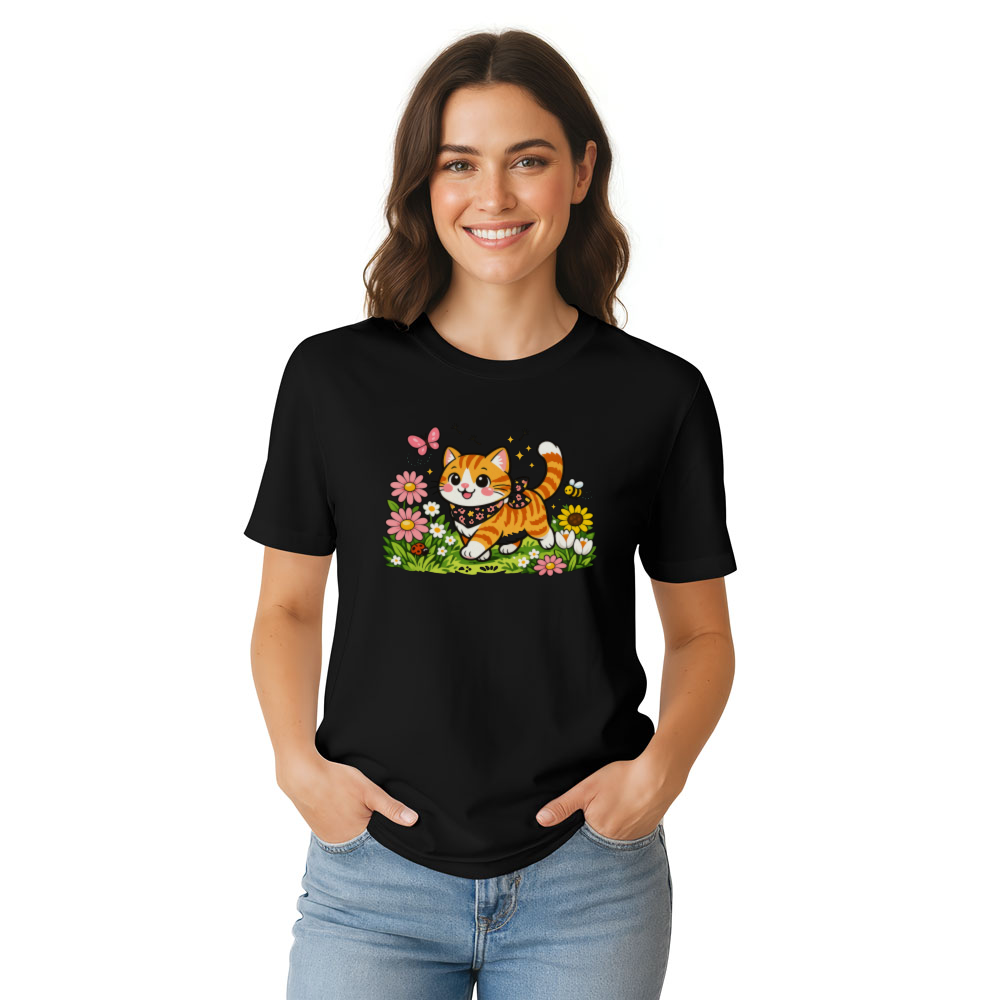 Whimsical Tabby Cat Spring Meadow Graphic Tee Cute Gifts for Men Women Girl Kids T-Shirt