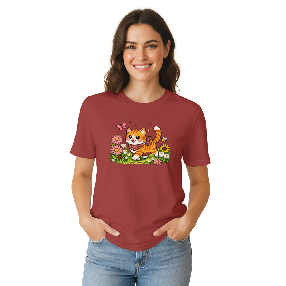 Whimsical Tabby Cat Spring Meadow Graphic Tee Cute Gifts for Men Women Girl Kids T-Shirt