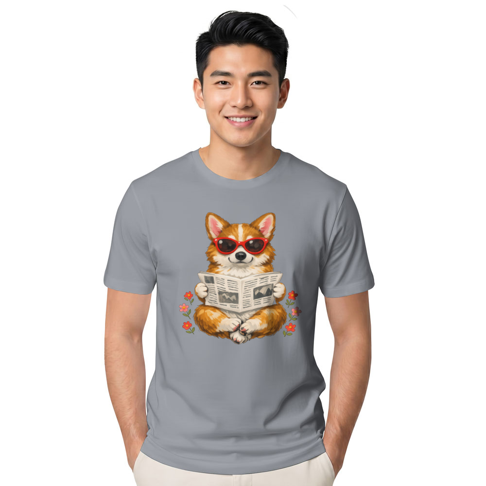 Carefree Corgi Graphic Tee Reading Upside-Down Newspaper Gouache Cute Gifts for Men Women Boy Kids T-Shirt
