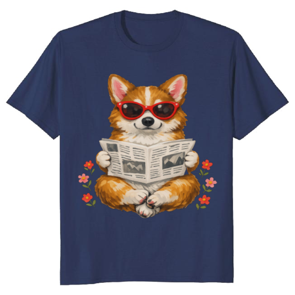 Carefree Corgi Graphic Tee Reading Upside-Down Newspaper Gouache Cute Gifts for Men Women Boy Kids T-Shirt