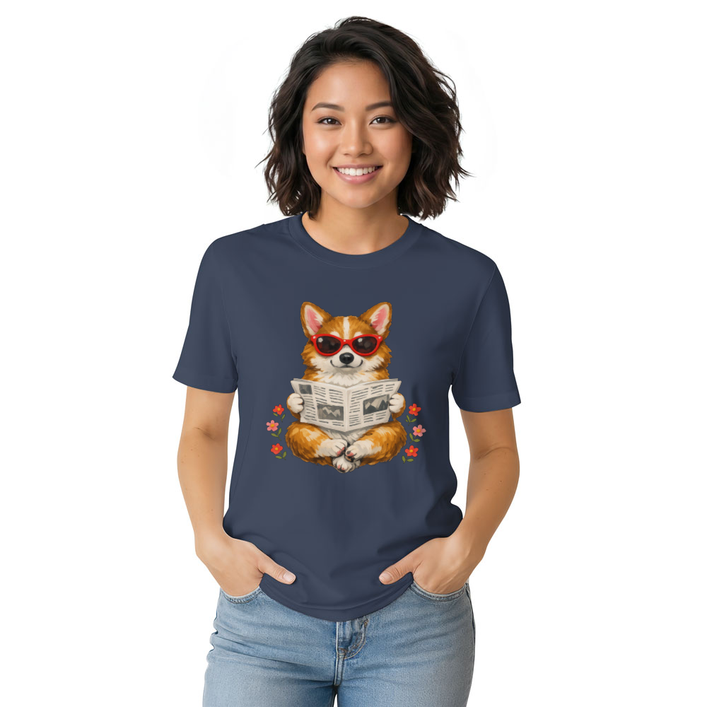 Carefree Corgi Graphic Tee Reading Upside-Down Newspaper Gouache Cute Gifts for Men Women Boy Kids T-Shirt