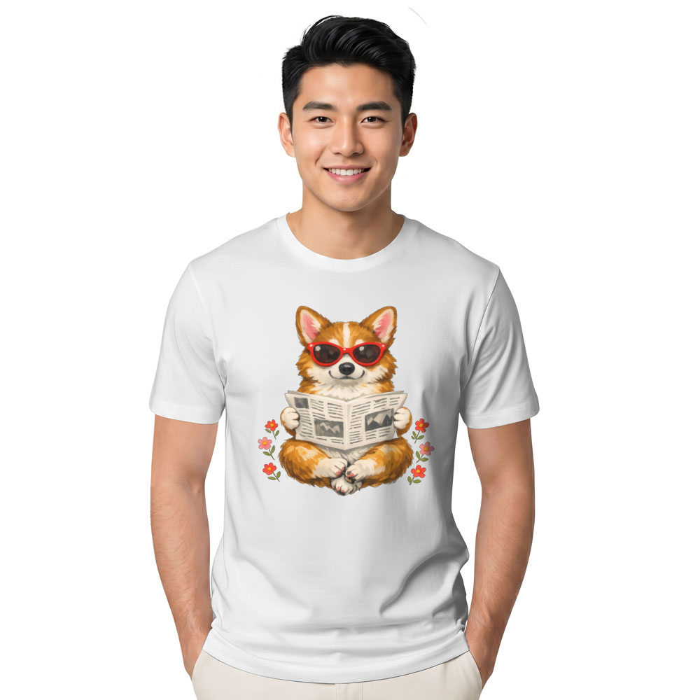 Carefree Corgi Graphic Tee Reading Upside-Down Newspaper Gouache Cute Gifts for Men Women Boy Kids T-Shirt