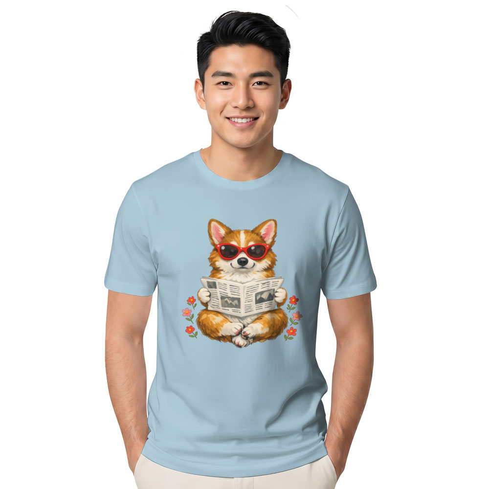 Carefree Corgi Graphic Tee Reading Upside-Down Newspaper Gouache Cute Gifts for Men Women Boy Kids T-Shirt