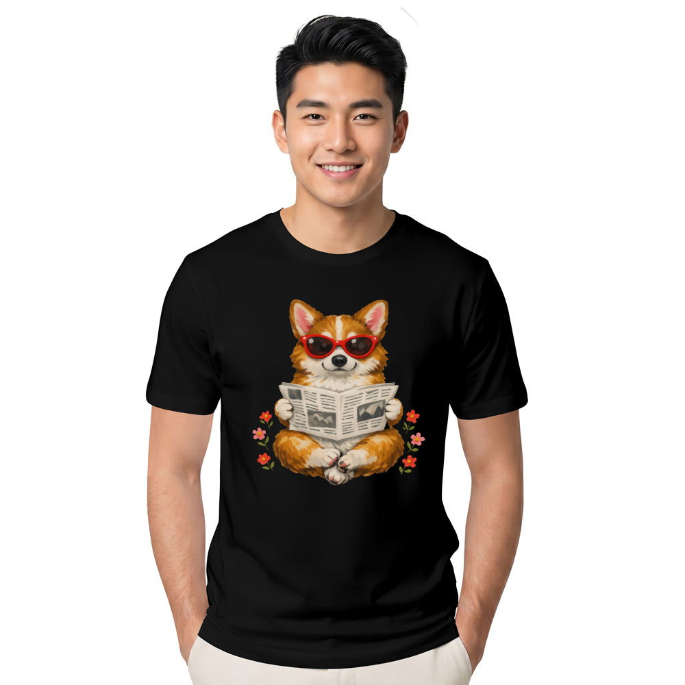 Carefree Corgi Graphic Tee Reading Upside-Down Newspaper Gouache Cute Gifts for Men Women Boy Kids T-Shirt