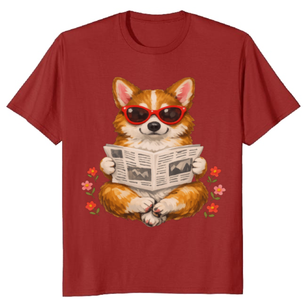 Carefree Corgi Graphic Tee Reading Upside-Down Newspaper Gouache Cute Gifts for Men Women Boy Kids T-Shirt