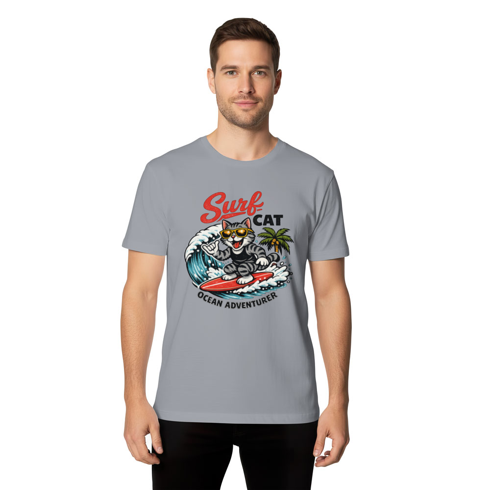 Shaka Tabby Surfing Cat Retro Surf Mascot Wave Graphic Tee Funny Gifts for Men Women Boy Kids T-Shirt