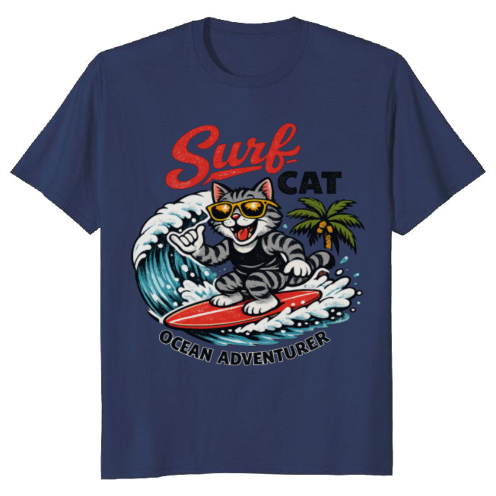 Shaka Tabby Surfing Cat Retro Surf Mascot Wave Graphic Tee Funny Gifts for Men Women Boy Kids T-Shirt