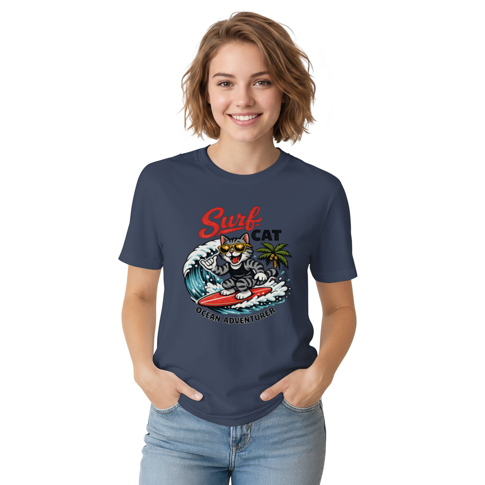 Shaka Tabby Surfing Cat Retro Surf Mascot Wave Graphic Tee Funny Gifts for Men Women Boy Kids T-Shirt