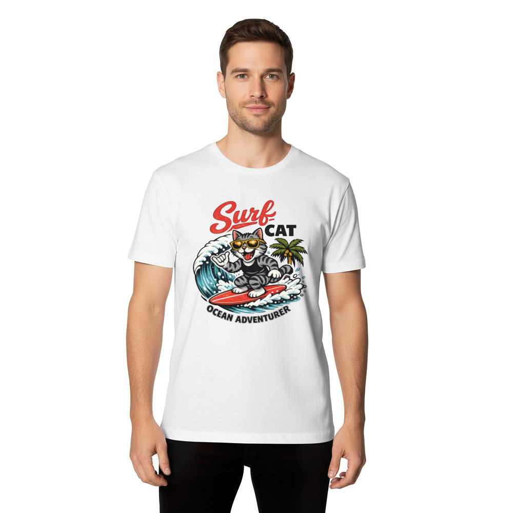 Shaka Tabby Surfing Cat Retro Surf Mascot Wave Graphic Tee Funny Gifts for Men Women Boy Kids T-Shirt