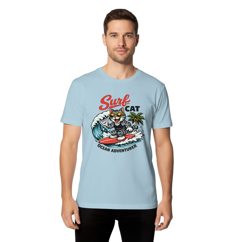 Shaka Tabby Surfing Cat Retro Surf Mascot Wave Graphic Tee Funny Gifts for Men Women Boy Kids T-Shirt