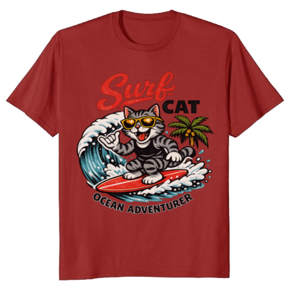 Shaka Tabby Surfing Cat Retro Surf Mascot Wave Graphic Tee Funny Gifts for Men Women Boy Kids T-Shirt